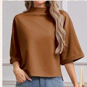 SweatyRocks Women's 3/4 Sleeve Mock Neck Basic Loose T-Shirt Elegant Top | Small